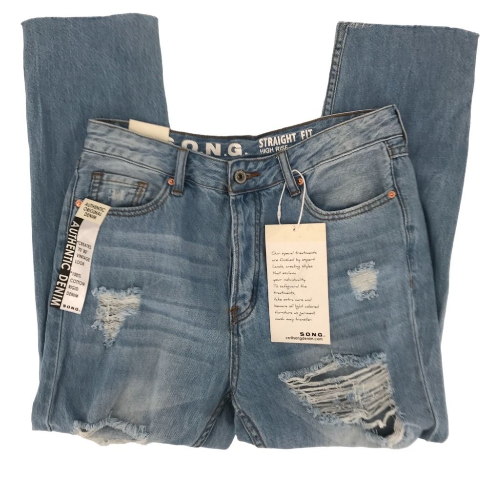 NWT S.O.N.G. Womens Light Blue Distressed High Rise Straight Crop Jeans Size 29 - Picture 2 of 11
